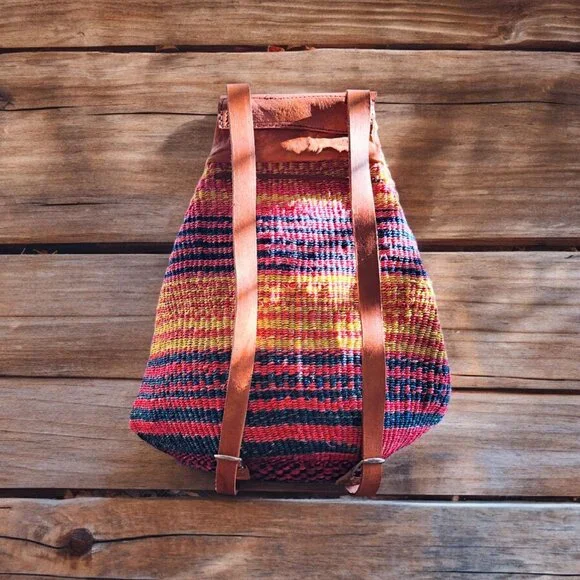 Kiondo Medium African Handwoven Backpack with Leather Adjustable Shoulder Straps - Picture 2 of 3
